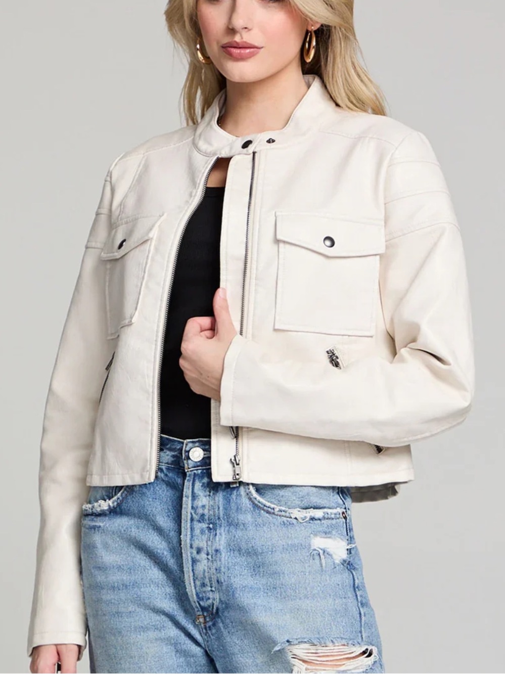 Saltwater Luxe White Faux Leather Moto Jacket with Snap Pockets size m NWT